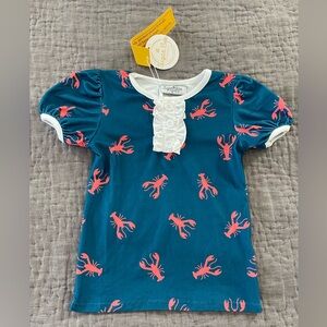 NWT Sugar Bee Boutique Teal Blouse Shirt Pink Crawfish Lobster Print Ruffle Sz 6